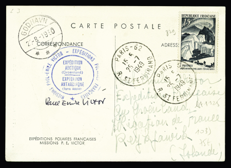 N°829 OBL Paris 62 (25.7.49) sur carte postale EPF (aurore boréale) avec CAD de transit Godhavn (21.8.50) + cachet rond bleu missions PEV Arctique Antarctique (carte restée en souffrance à la légation de France de R