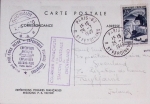 N°829 OBL Paris 62 (25.7.1949) sur carte postale EPF (aurore boréale) avec grand cahet rond bleu Missions (au pluriel) PEV Arctique-Antarctique + cachet rectangulaire violet "Courrier parachuté à la station centrale 