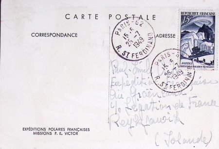 N°829 OBL Paris 62 (25.7.49) sur carte postale EPF (aurore boréale) adressée à Paul Emile Victor au Groenland. TB