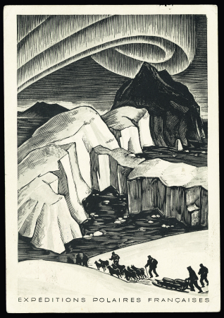 Canada n°211 + 220 OBL Terre Neuve (1 oct 49) sur carte EPF (aurore boréale) avec grand cachet bleu Missions PEV Arctique - Antarctique, signée Paul Emile Victor. RR et TB