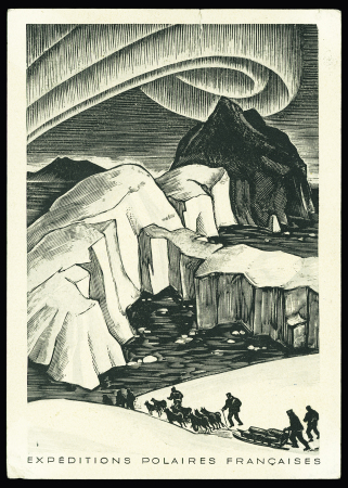 Canada n°211 + 220 OBL Terre Neuve (1 oct 49) sur carte EPF (aurore boréale) avec grand cachet bleu Missions PEV Arctique - Antarctique, signée Paul Emile Victor. RR et TB