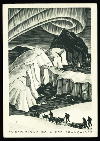 Groenland n°2 + 6 OBL "Godhavn" (17.9.49) sur carte EPF (aurore boréale) écrite par Gérald Taylor avec le très rare cachet vert "Expéditions polaires françaises missions Paul Emile Victor expédition Arctique Groe