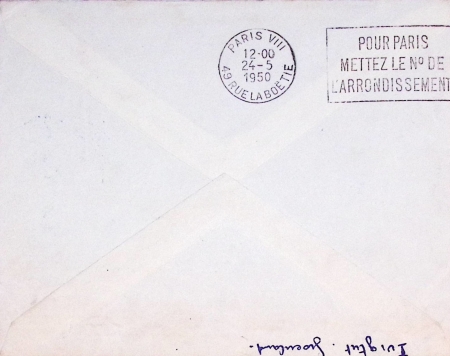 USA n°375 OBL grand CAD "US navy 11076 BR" (8 mai 1950) sur lettre avec grand cachet bleu Missions PEV expédition Arctique - Antarctique (courrier posté à la base américaine de Gronnedal près d'Ivigtut lors de l'es