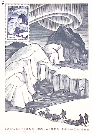 N°829 OBL sur carte postale aurore boréale avec au verso EMA rouge de Christiansund (8.7.50 - Norvège) + grand cachet bleu Missions PEV Arctique Antarctique et signature PEV au crayon (pièce reproduite page 109 de l'
