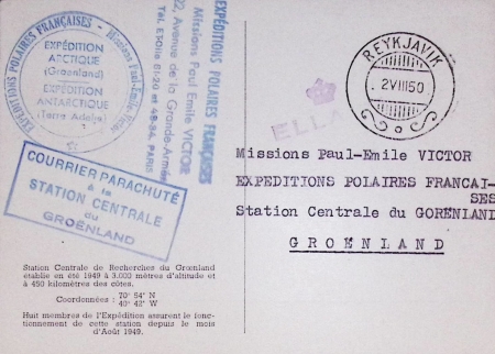 N°829 OBL CAD "Paris aviation Sce intérieur" (9.6.50) sur carte postale de Marcel Ichac : vue de la station centrale avec au verso CAD Reykjavik (2.8.50) + 3 cachets bleus dont rect "Courrier parachuté à la station c