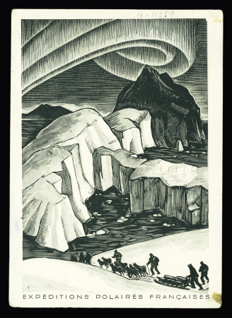 N°829 OBL mec Paris 62 (23.7.1949) sur carte postale aurore boréale avec CAD Godhavn (2.8.1950) + grand cachet bleu Missions PEV Arctique  - Antarctique. TB