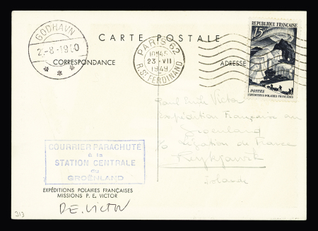N°829 OBL mécanique "Paris 62 R. St Ferdinand" (23.7.1949) sur carte postale aurore boréale avec CAD "Godhavn" (2.8.1950) + cachet rect bleu "Courrier parachuté à la station centrale du Groenland". TB
