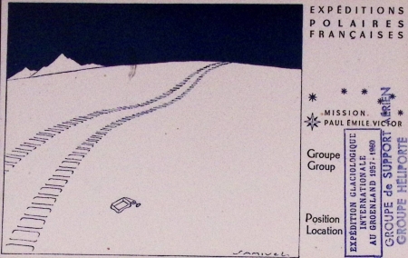 USA PA35 OBL APO 121 (14.7.1958) + Groenland n°31 OBL CAD "Sdr Stromfjord" (14.7.58) sur CP Samivel avec cachet rect bleu EIG 1957 - 1960 et griffes bleues "Groupe de support aérien" et "Groupe héliporté". TB