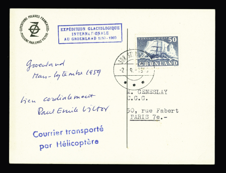 Groenland n°24 OBL CAD "Sdr Stromfjord" (2.9.1959) sur carte postale PEV (rencontre de 2 véhicules à chenilles) avec cachet rect bleue "Expédition glaciologique internationale au Groenland 1957 - 1960" et griffe bleu