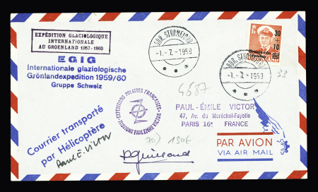 Groenland N°33 OBL CAD "Sdr Stromfjord" (1.7.1959) sur lettre avec divers cachets dont griffe allemande de l'EGIG 1959 - 60 et griffe bleue "Courrier transporté par hélicoptère". TB