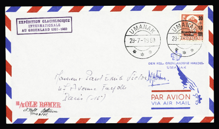 Groenland n°33 OBL CAD "Umanak" (29.7.1959) sur lettre avec griffe encadrée de l'EGIG et griffe rouge "M/K Ole Romer". TB