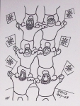 Carte postale neuve PEV (6 explorateurs avec fanions) avec griffe bleue EGIG et cachet bleu Missions PEV. TB