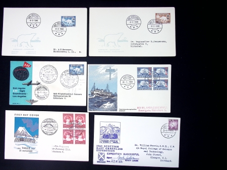9 plis divers du Groenland (1954 - 1970) dont 2 de la Scottish expedition 1963 signées et 2 premiers vols SAS (15 nov 54). TB