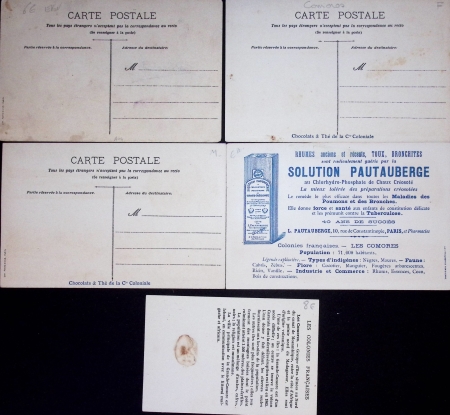 POLE SUD 3 cartes postales + 1 chromo Solution Pontauberge + 1 mini-chromo, tous avec vue des Comores (Mohéli) + vue des TAAF (Baie de la Gazelle) (vers 1910). TB