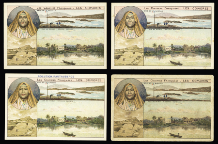 POLE SUD 3 cartes postales + 1 chromo Solution Pontauberge + 1 mini-chromo, tous avec vue des Comores (Mohéli) + vue des TAAF (Baie de la Gazelle) (vers 1910). TB
