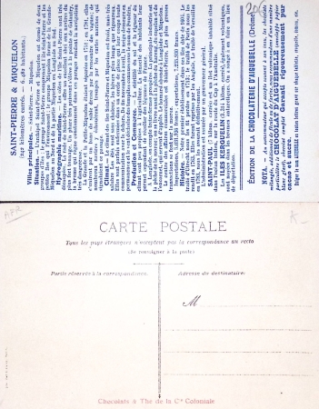 CP (baie de la Gazelle) + chromo de la chocolaterie d'Aiguebelle format CP : "Les colonies françaises, St Pierre et Miquelon, St Paul, Kerguelen". TB