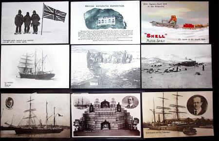 44 cartes postales sur les expéditions de Scott dont CP de deuil après sa mort tragique en mars 1912 au Pôle Sud. TB