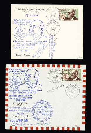 TAAF n°19, 25F Charcot, OBL Terre Adélie (20.12.1961) sur carte et lettre avec nombreux cachets bleus dont 25e anniversaire Charcot et griffe du Magga Dan. TB