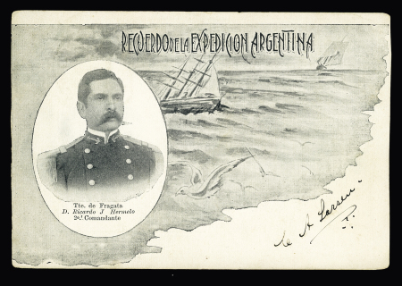 Argentine n°112 OBL Buenos Aires (16.12.1903) sur carte postale avec en médaillon le lieutenant de frégate D.Ricardo J.Hermelo, commandant en second, avec signature autographe de A.Larsen. TB