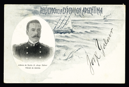 Carte postale "Recuerdo de la expedicion argentina" (1903) avec en médaillon l'officier de navigation D.Jorge Yalour. TB