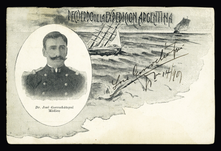 Carte postale "Recuerdo de la expedicion argentina" (1903) avec en médaillon avec le DR Garrochategui, médecin, avec sa signature. B/TB