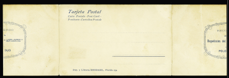4 cartes postales de l'expédition de l'Antarctic au Pôle Sud dont 1 CP dépliante avec signatures autographes de Nordenskjold et Larsen. TB