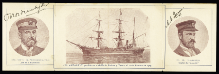 4 cartes postales de l'expédition de l'Antarctic au Pôle Sud dont 1 CP dépliante avec signatures autographes de Nordenskjold et Larsen. TB