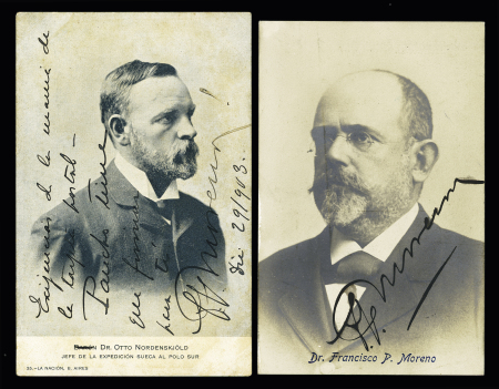 2 cartes postales verticales avec effigies de P. Moreno et d'Otto Nordenskjold et signatures autographes de P.Moreno. B/TB