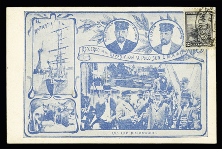 Argentine n°112 OBL Buenos Aires (vers 1903) sur carte postale bleue commémorative de l'expédition de l'Antarctic. TB