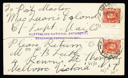 Australie n°132, 2 pièces, OBL Melbourne (1948) sur lettre pour Macquarie Island avec griffe violette "Australian national antarctic research expédition 1947". TB