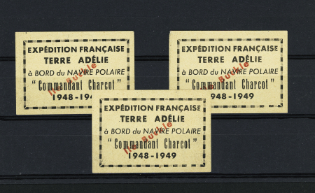 3 vignettes "Expéditions françaises Terre Adélie à bord du navire polaire commandant Charcot 1948 - 1949" avec surcharge rouge "Ile Buckle". TB