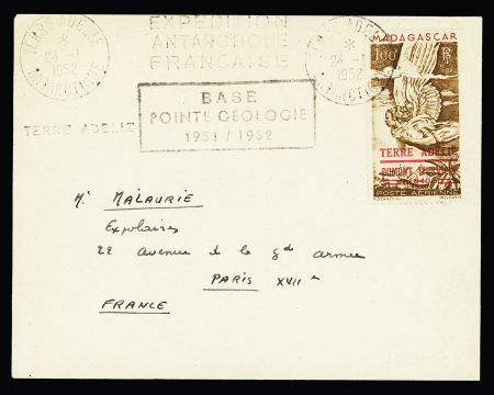 TAAF PA n°1 OBL CAD "Terre Adélie Antarctique" (24.1.1952) sur lettre EPF (aurore boréale) avec griffe noire encadrée "Base pointe géologie 1951 / 1952". B/TB
