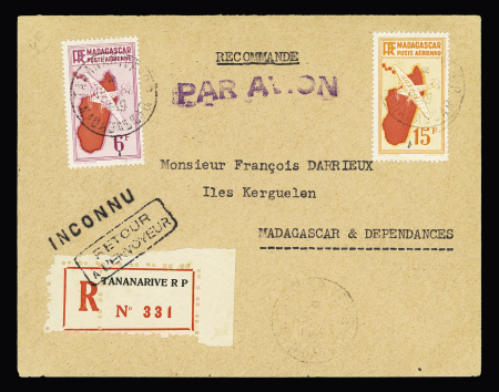 Madagascar PA n°21 +24 OBL Tananarive RP (26.10.49) sur lettre recommandée avec au verso transit Diego Suarez et CAD d'arrivée "Archipel Kerguelen Madagascar" (12.1.1950 navire Cdt Charcot). TB