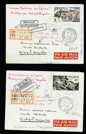 2 lettres recommandées avion AFF Madagascar PA 76 et PA77 avec CAD d'arrivée au recto "Archipel Kerguelen TAAF" (14.11.1957)