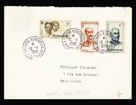 2 lettres recommandées avion AFF Madagascar PA 76 et PA77 avec CAD d'arrivée au recto "Archipel Kerguelen TAAF" (14.11.1957)