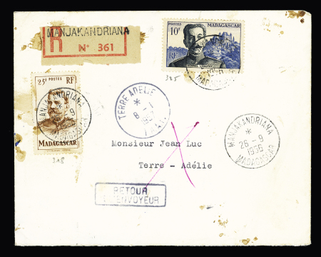 Madagascar n°318 + 325 OBL Manjakandriana (26.9.1956) sur lettre recommandée avec CAD d'arrivée au recto 'Terre Adélie TAAF" (8.1.1957). TB