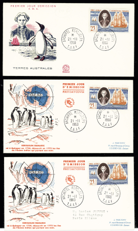 6 plis divers Kerguelen dont TAAF n°12 OBL sur carte maximum et 3 FDC AFF TAAF n°18. TB