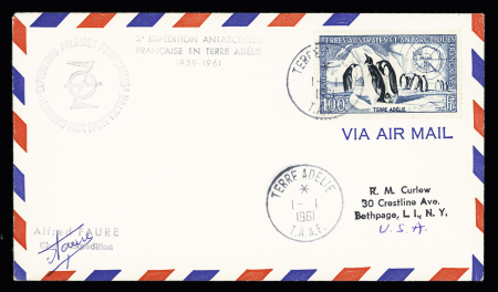 TAAF PA n°3, 100F manchots OBL Terre Adélie (1.1.1961) sur lettre avec petite griffe noire "Alfred Faure chef d'expédition" + signature. TB