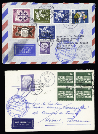 7 lettres de divers pays adressées en Terre Adélie avec au recto CAD d'arrivée "Terre Adélie TAAF" (20.12.1961) + cachet bleu de la station Dumont d'Urville et griffe bleue "MS Magga Dan". Rare et TB