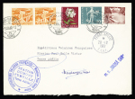 7 lettres de divers pays adressées en Terre Adélie avec au recto CAD d'arrivée "Terre Adélie TAAF" (20.12.1961) + cachet bleu de la station Dumont d'Urville et griffe bleue "MS Magga Dan". Rare et TB