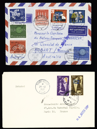 1 lettre d'Israël (provenance rare) et 1 de RFA avec CAD d'arrivée au recto "Terre Adélie TAAF" (20.12.1961) + griffe bleue "MS Magga Dan". TB