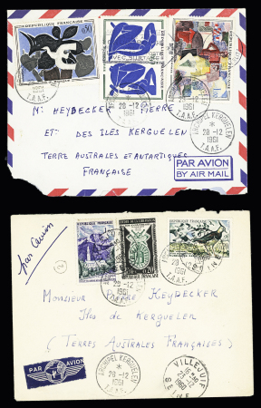 2 lettres de France dont l'une AFF n°1319 + 1320 + 1322, tableaux avec CAD d'arrivée au recto "Archipel Kerguelen TAAF" (28.12.1961). TB