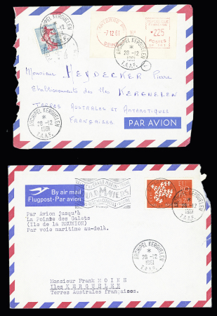 2 lettres de France dont l'une AFF n°1233 et l'autre n°1309, avec CAD d'arrivée au recto "Archipel Kerguelen TAAF" (28.12.1961). TB