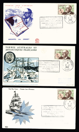 TAAF n°19, 25F Charcot OBL Terre Adélie (1.1.1962), OBL Archipel des Crozet TAAF (4.2.1962) sur 6 plis dont 5 FDC avec cachet rect noir de la mission d'installation. TB