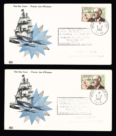 TAAF n°19, 25F Charcot OBL Terre Adélie (1.1.1962), OBL Archipel des Crozet TAAF (4.2.1962) sur 6 plis dont 5 FDC avec cachet rect noir de la mission d'installation. TB
