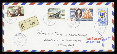 TAAF n°15 + 18 + 16 + 19 OBL CAD "Terre Adélie TAAF" (1.1.1962) sur lettre recommandée. TB