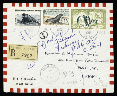 TAAF N°6 + 16 + PA n°2 OBL CAD "Terre Adélie TAAF" (1.1.1962) sur lettre recommandée avec au verso griffe bleue de la 12ème expédition et arrivée Paris 46. TB