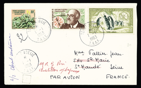 TAAF n°11 + 19 + PA n°2, 50F manchots OBL CAD "Terre Adélie TAAF" (1.1.1963) sur lettre. TB