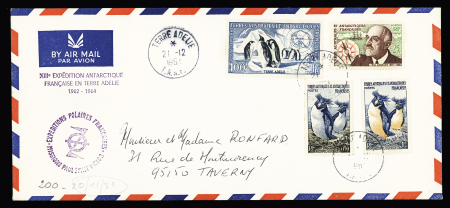TAAF N)2 + 3 + 19 + PA3 OBL Terre Adélie (21.12.1963) sur lettre avec griffe violette de la 13ème expédition. TB