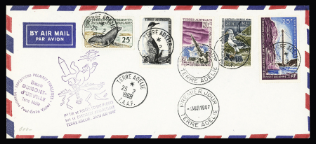 TAAF n°16 + 14 + 23 + 24, 20F Albatros (cote 320€) + 23 + PA n°13 OBL Terre Adélie (25.2.1968) sur lettre. TB